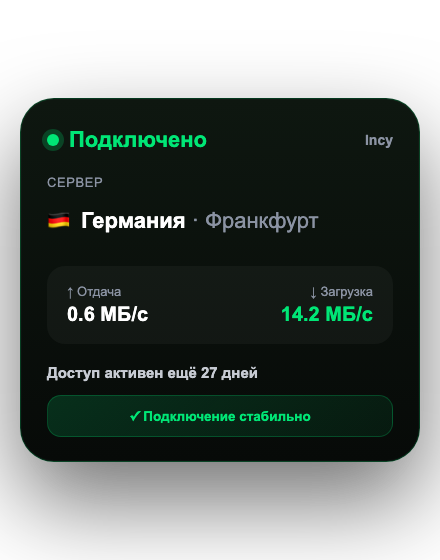 Экран приложения Incy: подключено, сервер в Европе, скорость соединения